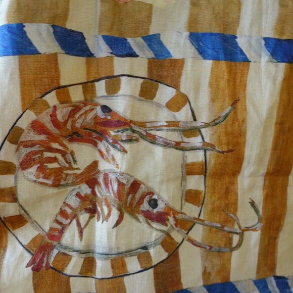 Australian inspired Tropical fish fruit shrimp melon oranges linen shirt 2 - Picture 10 of 12